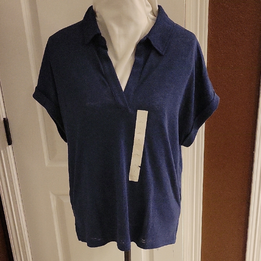 Banana Republic Navy Short-Sleeve Collared V-Neck Tunic